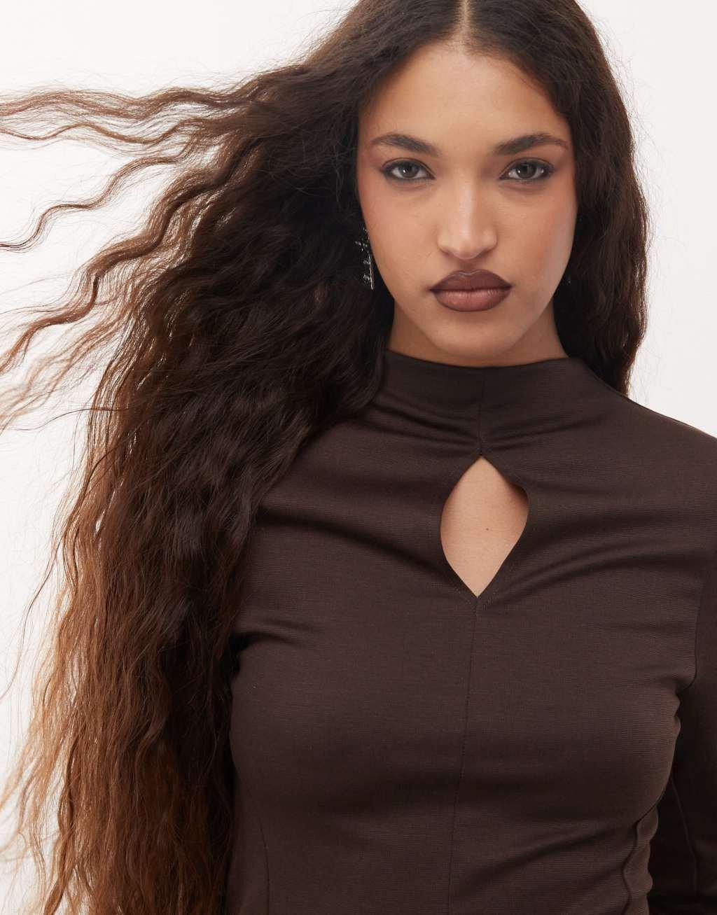 COLLUSION long sleeve high neck cut out fitted sporty top in chocolate - part of a set Product Image