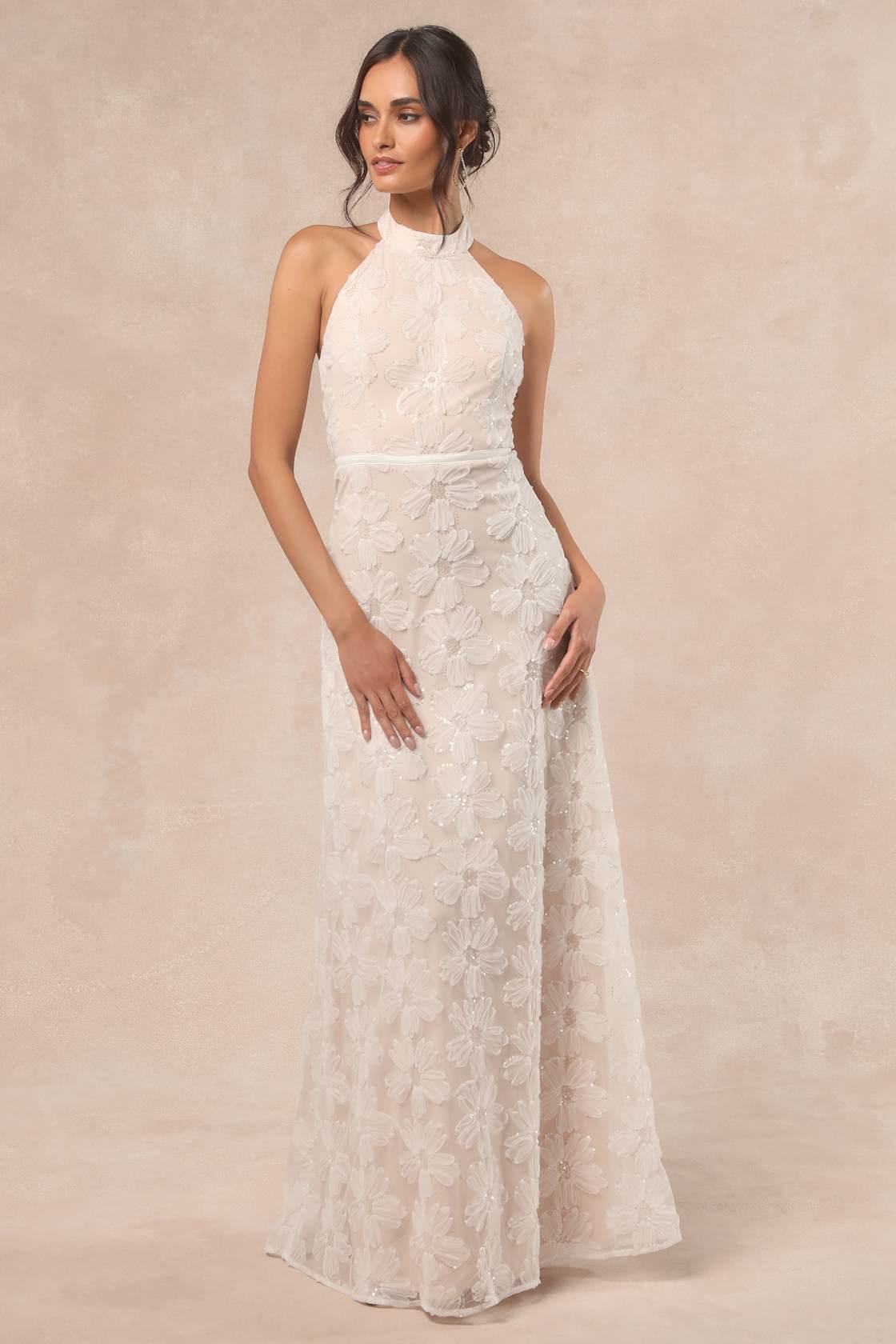 Violeta White and Beige Sequin Floral Maxi Dress Product Image