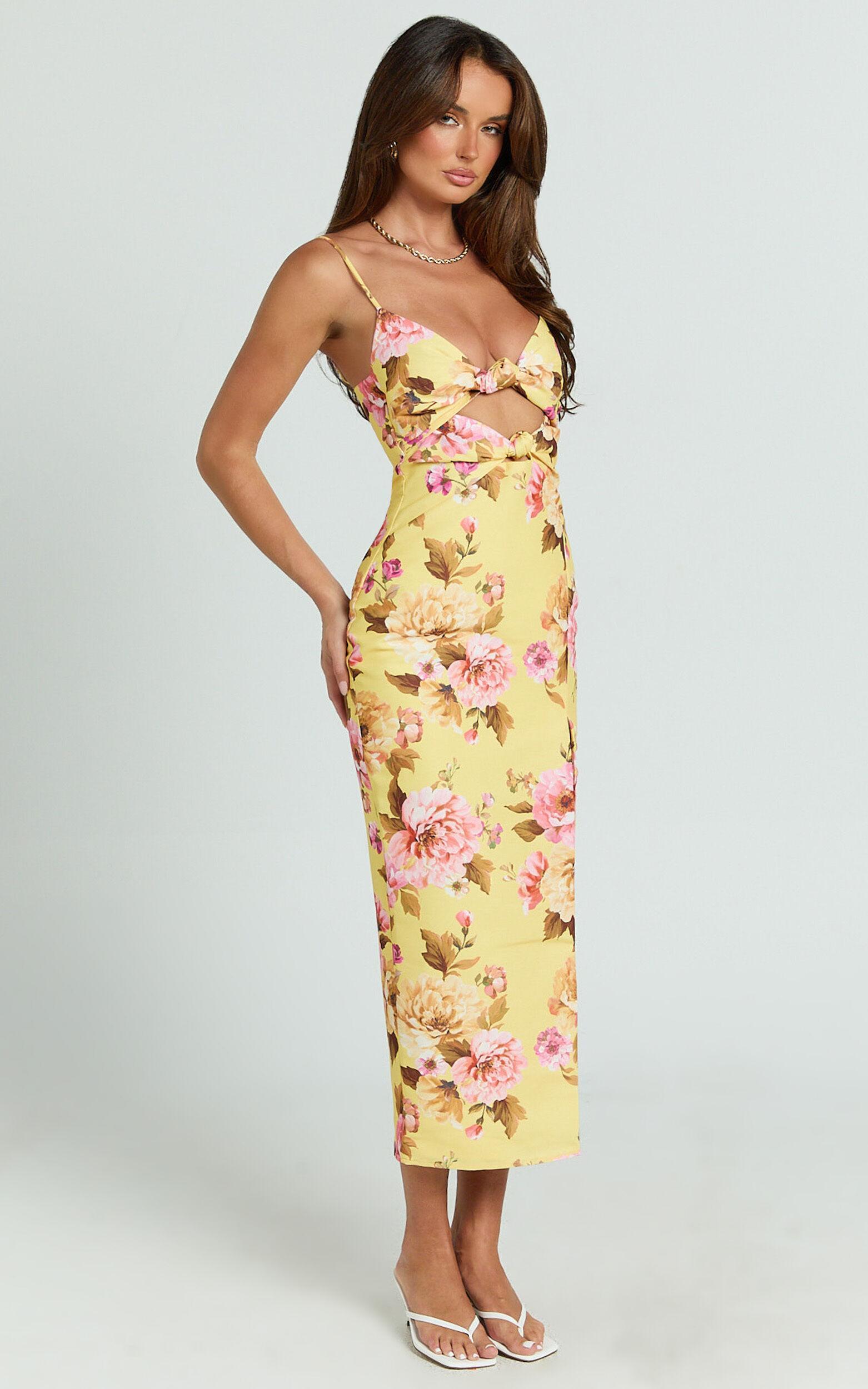 Janice Midi Dress - Knot Detail Front Split Dress in Sunshine Floral Product Image