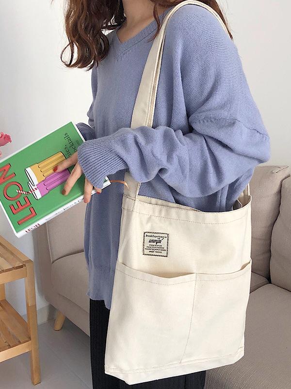 Simple Solid Color With-pockets Canvas Handbag Product Image