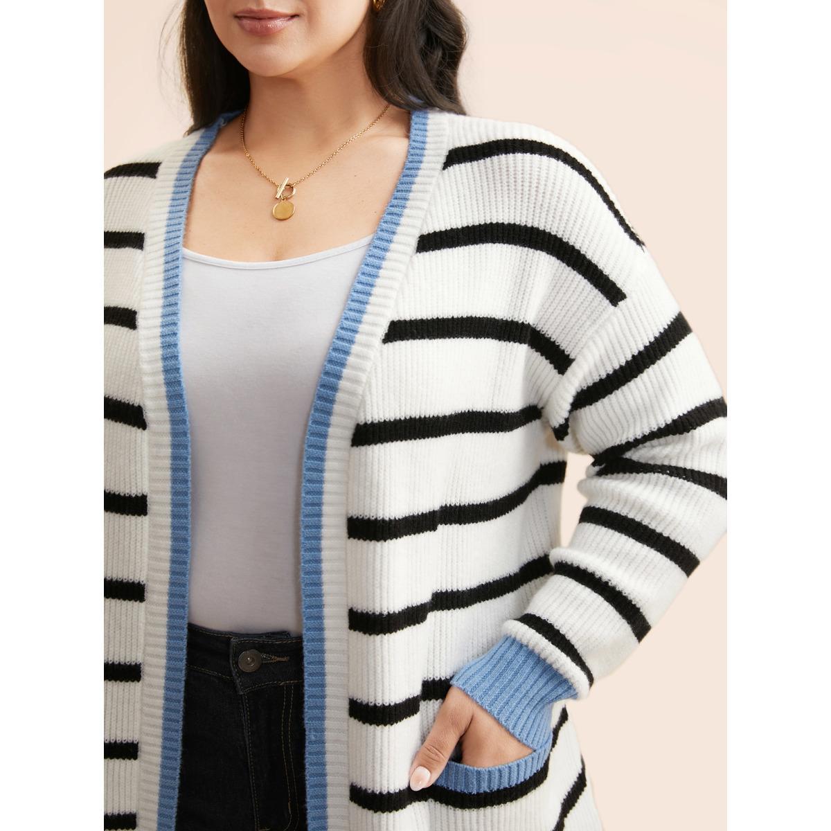 Plus Size Supersoft Essentials Kimono Collar Contrast Striped Cardigan Beige Women Casual Loose Long Sleeve Everyday Cardigans BloomChic 18-20/2X Product Image