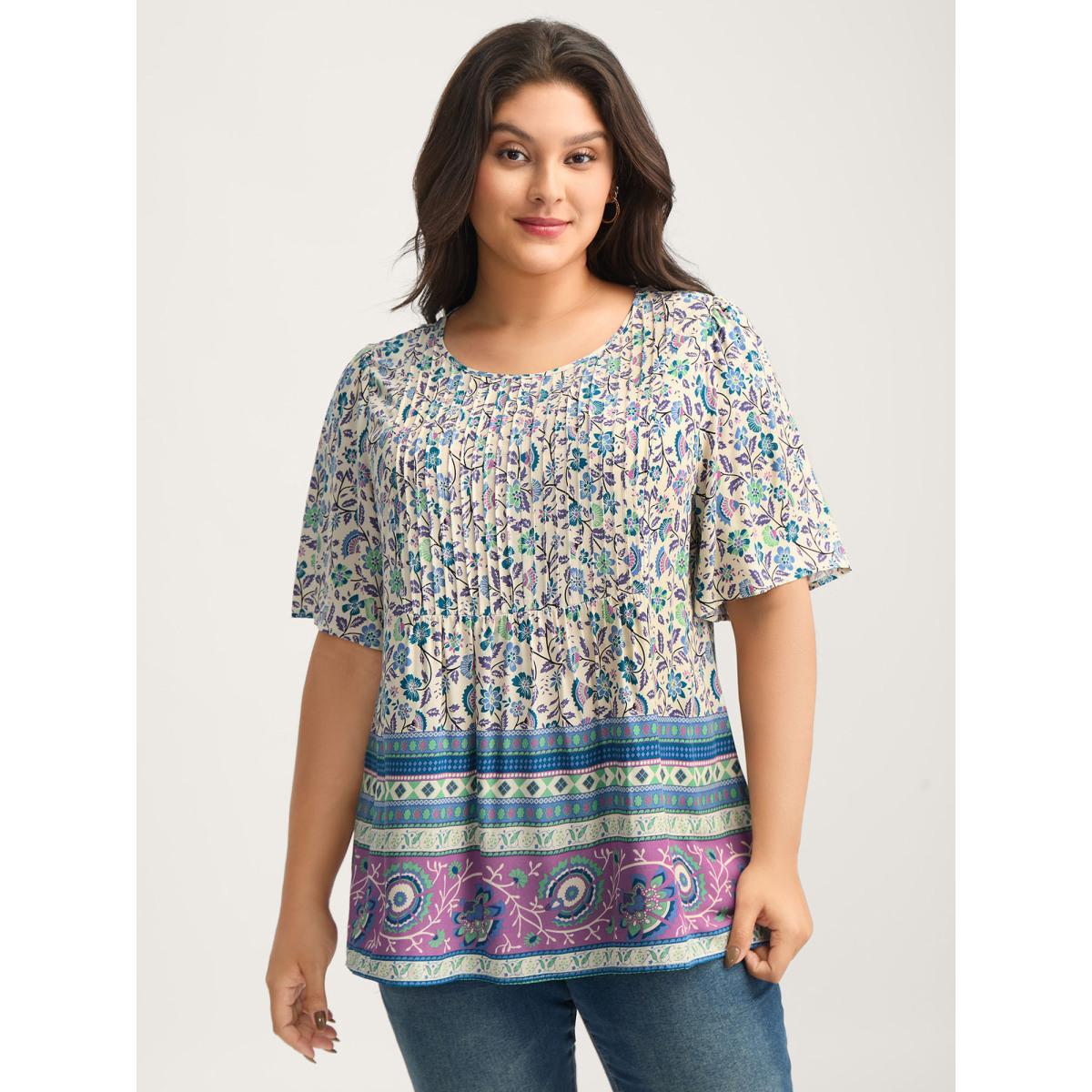 Plus Size Aegean Rayon Pleated Floral Print Blouse Women Half Sleeve Round Neck Everyday-Elegant Blouses BloomChic 10/M Product Image