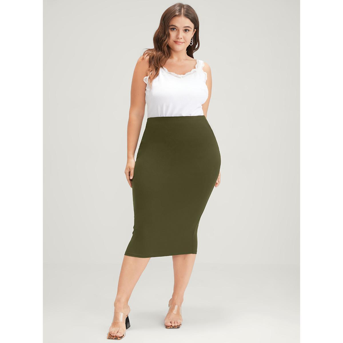 Plus Size Plain Modal High Waist Skirt Women ArmyGreen Office Plain Bodycon High stretch Work Skirts BloomChic 14-16/1X Product Image