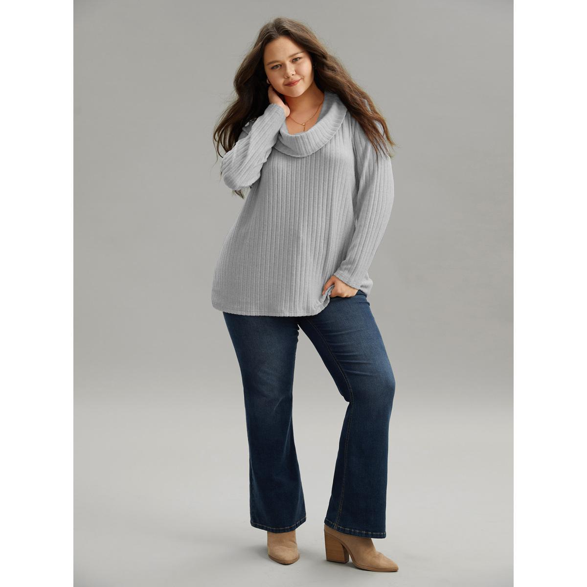 Plus Size Plain Rib Knit Cowl Neck T-shirt LightGray Women Elegant Texture Plain Ruffled collar Dailywear T-shirts BloomChic 10/M Product Image