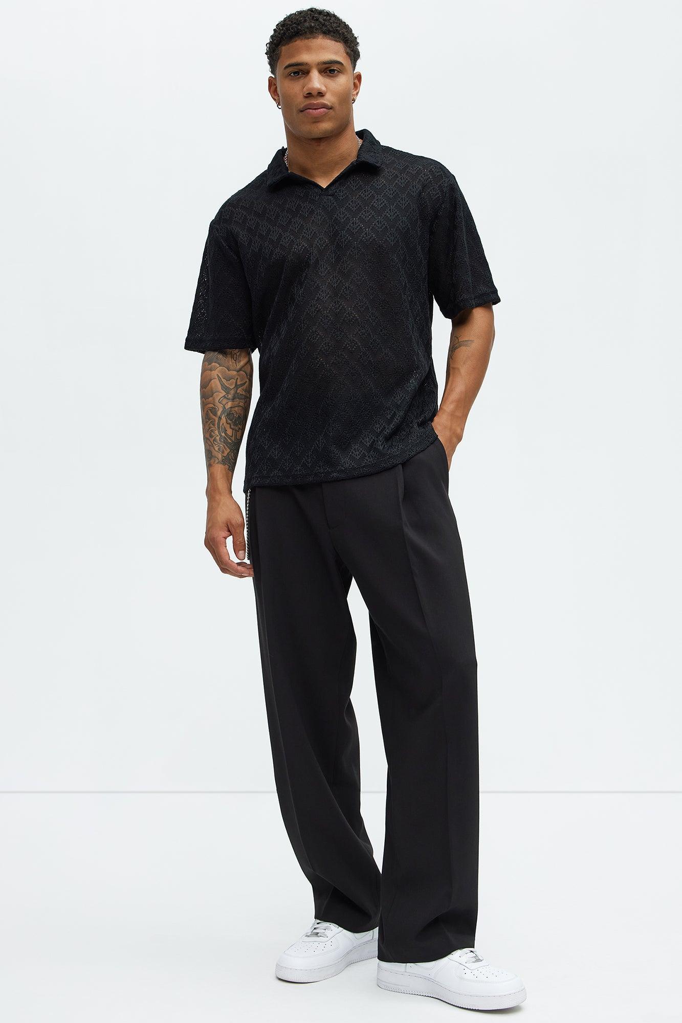 Diamond Shape Knit Johnny Collar Shirt - Black Product Image