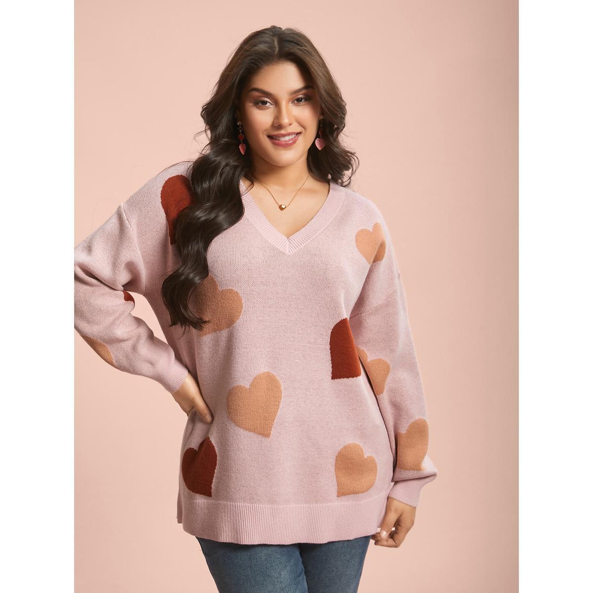 Plus Size V-Neck Heart Jacquard Contrast Pullover Nudepink Women Casual Loose Long Sleeve V-neck Everyday Pullovers BloomChic 14-16/1X Product Image