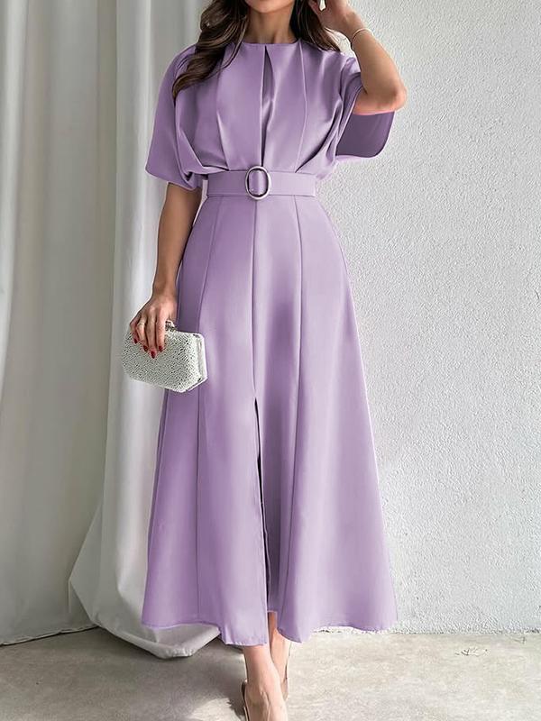 Loose Raglan Sleeve Pleated Split-Front Split-Joint Tied Waist Round-Neck Maxi Dresses Product Image