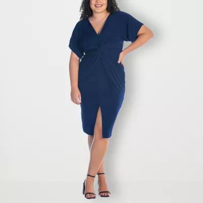 Plus Size 24Seven Comfort Apparel Short Sleeve V-Neck Twist Front Split-Hem Dress, Women's, Size: 2XL, Hunter Product Image