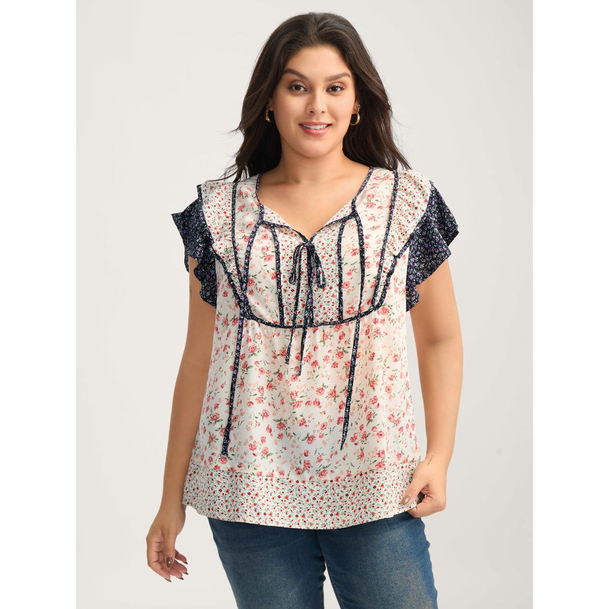 Plus Size Multicolor Floral Panel Ruffled Sleeve Blouse Women Cap Sleeve Notched collar Everyday-Elegant Blouses BloomChic 26/4X Product Image
