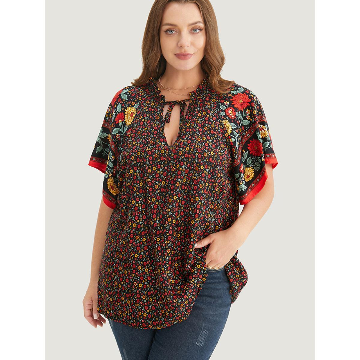 Plus Size Black Ditsy Floral Tie Neck Ruffles Raglan Sleeve Blouse Women Vacation Short sleeve V-neck Dailywear Blouses BloomChic 18-20/2X Product Image