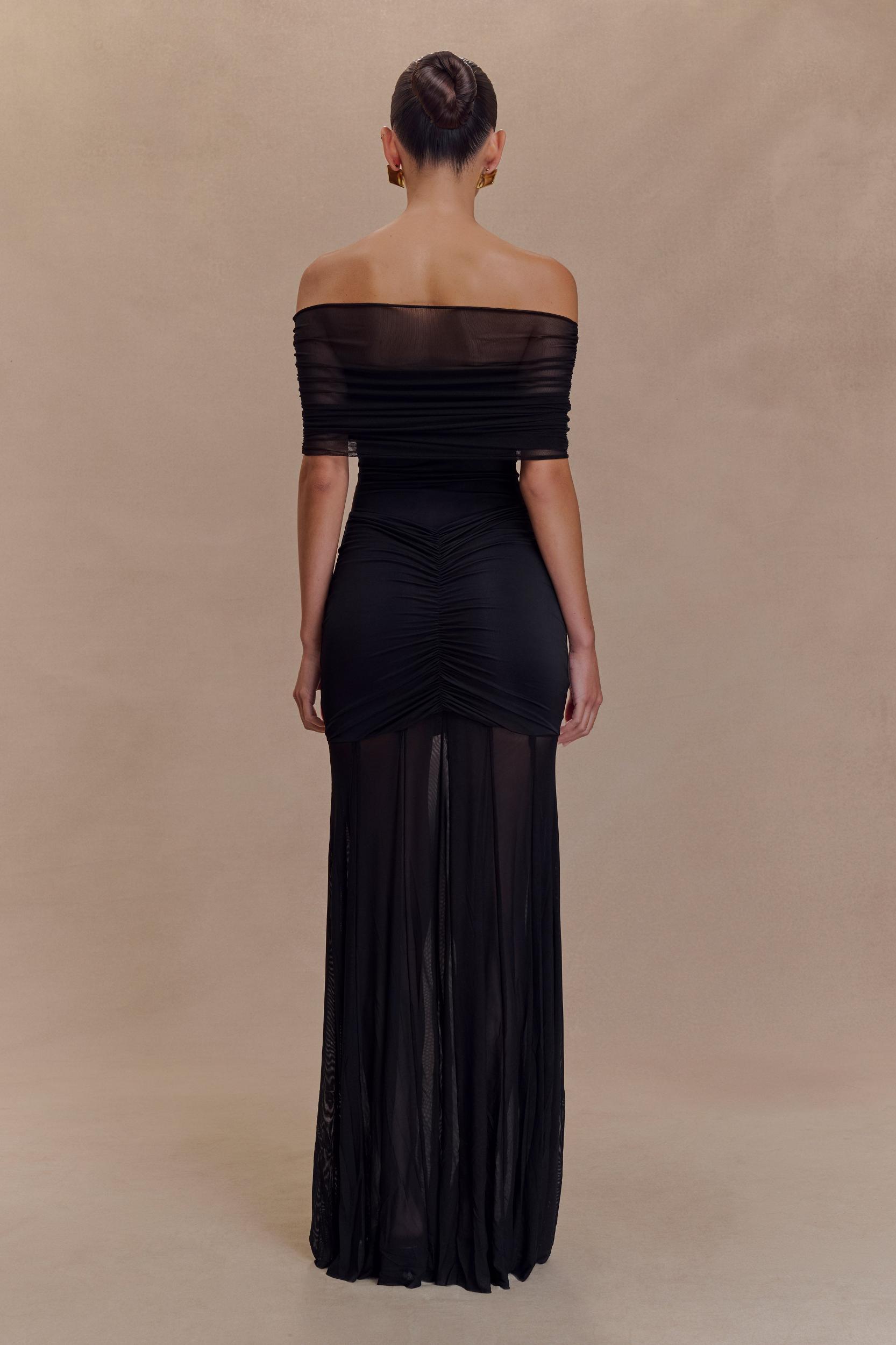 Caspian Slinky And Mesh Off Shoulder Maxi Dress - Black Product Image