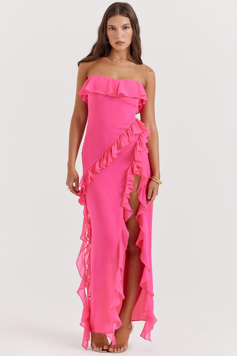 Sarina  fuchsia ruffle maxi dress Product Image