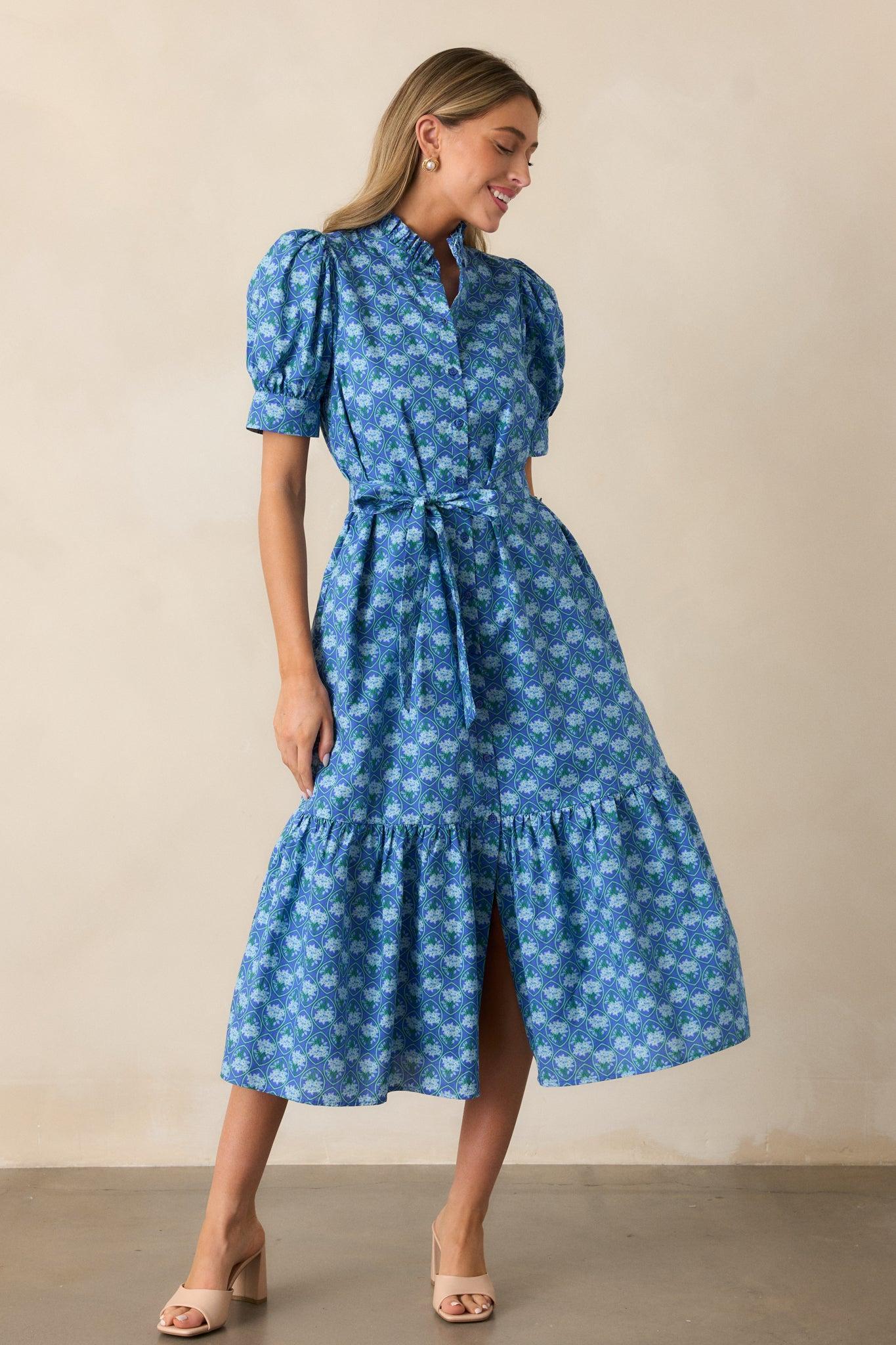 Orchid Waters Cotton Blue Floral Button Front Midi Dress Product Image