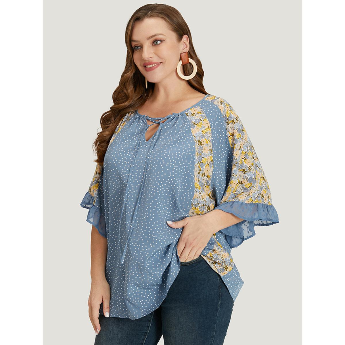 Plus Size Stone Polka Dot & Ditsy Floral Flounce Sleeve Lace Up Blouse Women Elegant Half Sleeve Tie Neck Dailywear Blouses BloomChic 30/6X Product Image