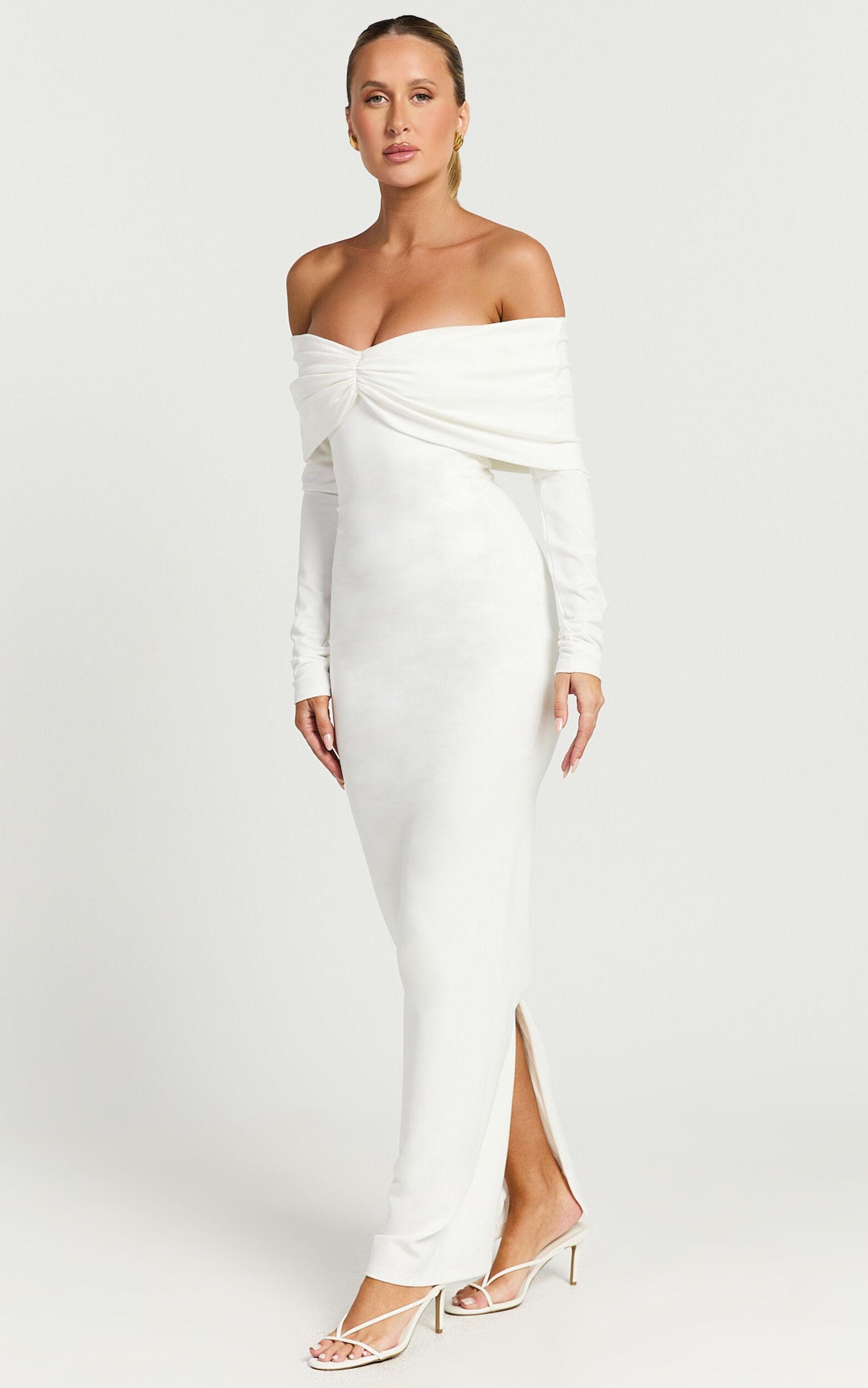 Rani Maxi Dress - Off Shoulder Long Sleeve Bodycon Dress in Off White Product Image