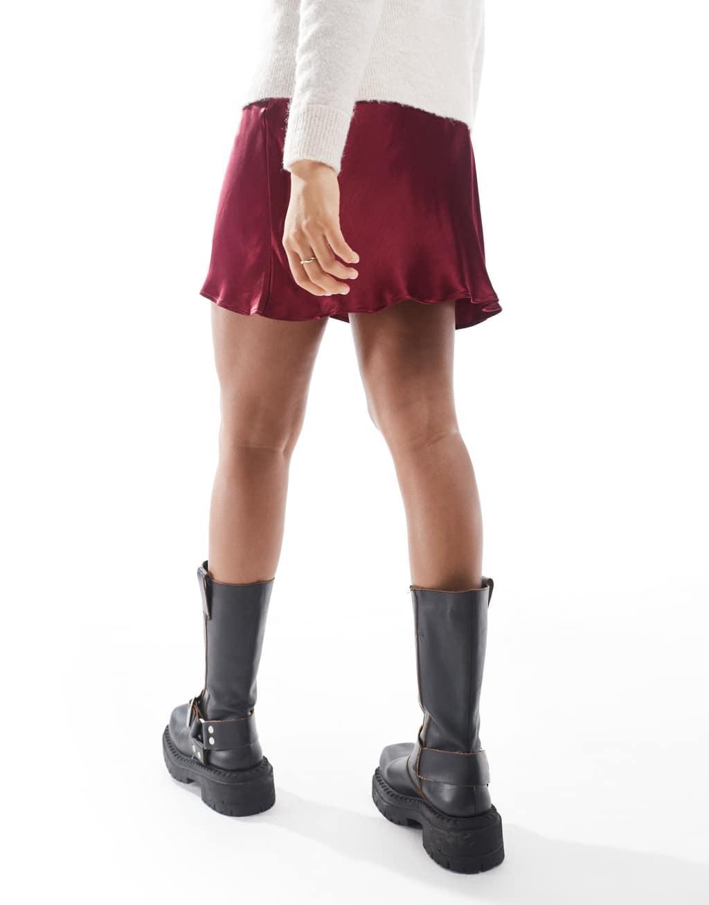 Miss Selfridge satin bias mini skirt with bow in burgundy Product Image