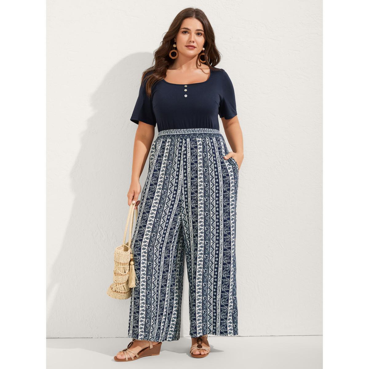 Plus Size Indigo Boho Striped Shirred Contrast Jumpsuit Women Short sleeve U-neck Vacation Loose Jumpsuits BloomChic 18-20/2X Product Image