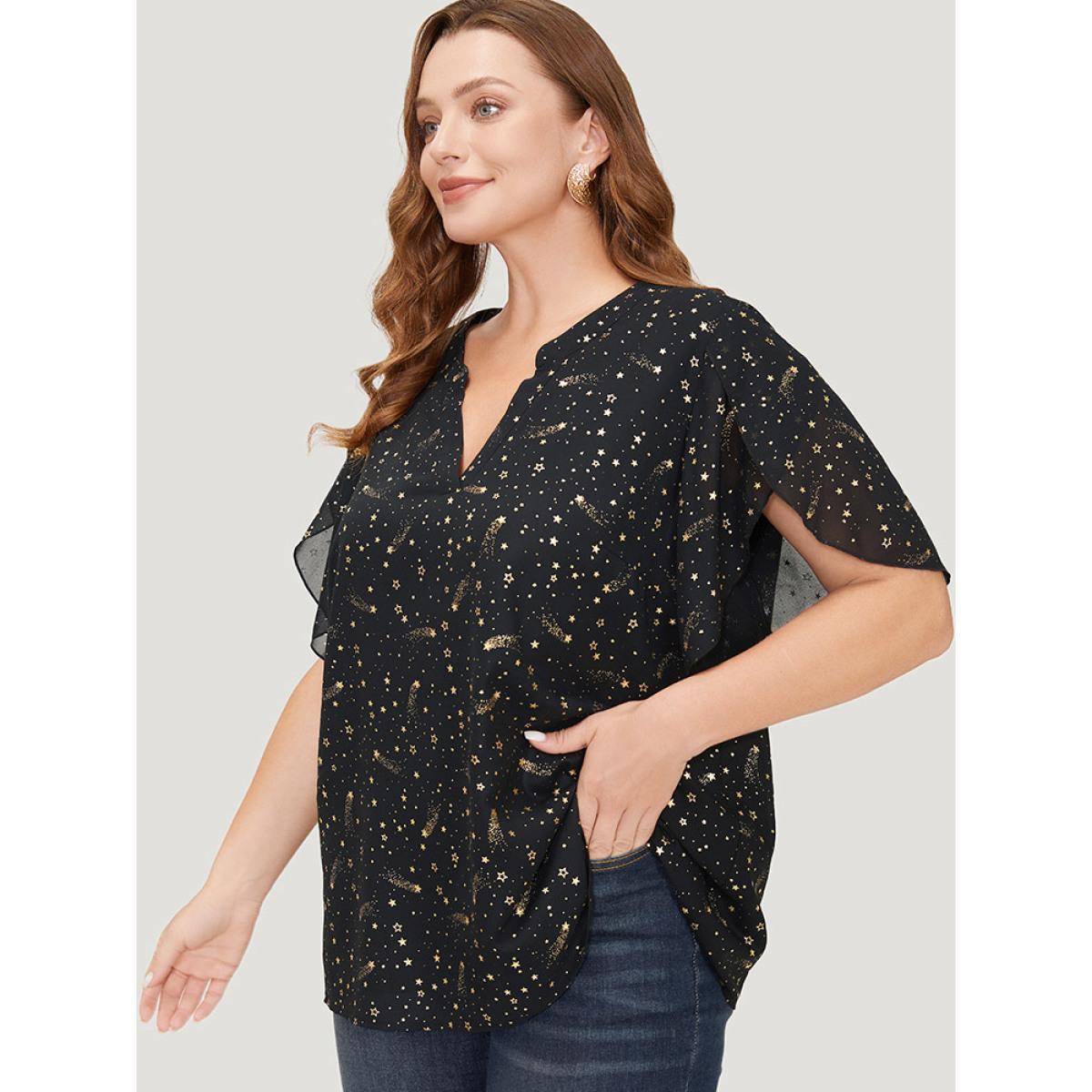 Plus Size Black Glitter Star Print Notched Split Petal Sleeve Blouse Women Glamour Short sleeve Notched collar Going out Blouses BloomChic 18-20/2X Product Image