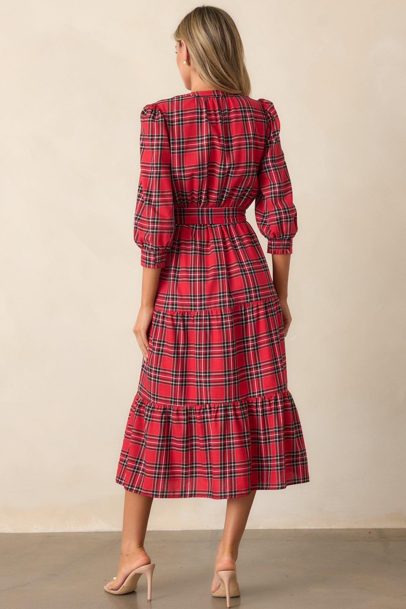 A Simple Glow Cotton Red Long Sleeve Midi Dress Product Image