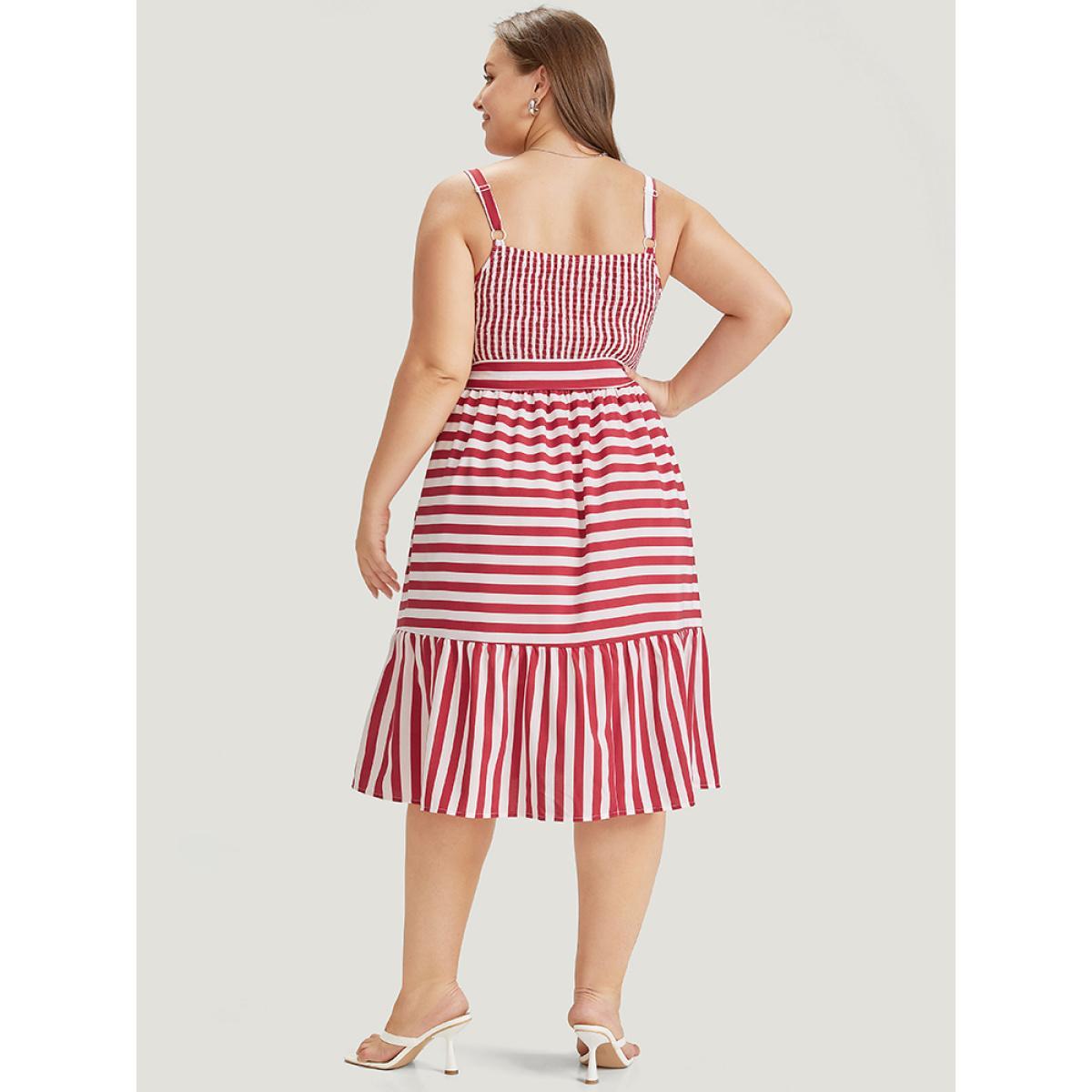 Plus Size Striped Print Belted Ruffle Layered Hem Cami Dress Scarlet Women Office Adjustable Straps Spaghetti Strap Sleeveless Curvy Midi Dress BloomChic 12/L Product Image