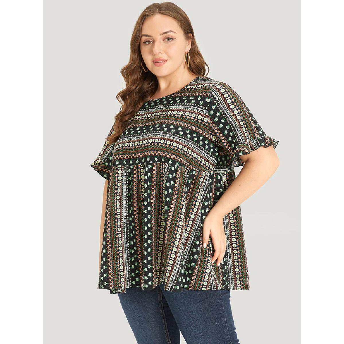 Plus Size Multicolor Bandana Patchwork Ruffle Sleeve Blouse Women Vacation Short sleeve Round Neck Dailywear Blouses BloomChic 28/5X Product Image