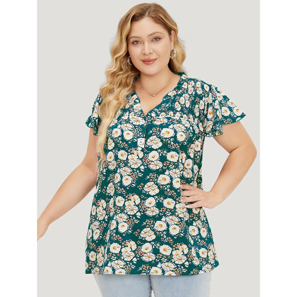 Plus Size Cerulean Floral Ruffle Sleeve Shirred Button Up Frill Trim Blouse Women Elegant Short sleeve V-neck Dailywear Blouses BloomChic 18-20/2X Product Image