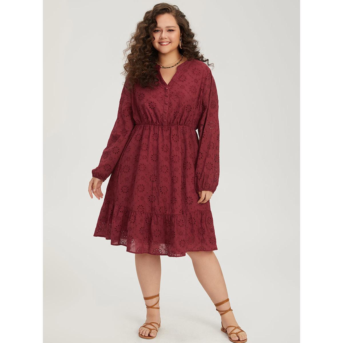 Plus Size Plain Geometric Eyelet Notched Lantern Sleeve Dress Burgundy Women Vacation Elastic cuffs Notched collar Long Sleeve Curvy Midi Dress BloomChic 12/L Product Image