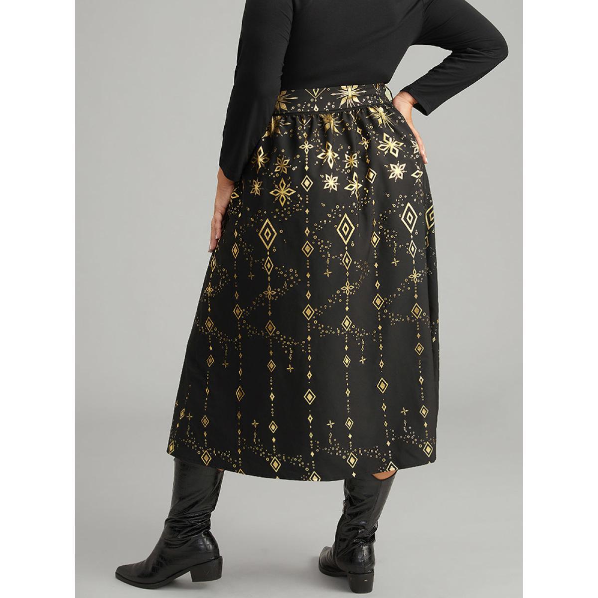 Plus Size Halloween Glitter Geometric Belted Pocket Skirt Women Black Elegant A-line No stretch Pocket Belt Festival-Halloween Skirts BloomChic 18-20/2X Product Image