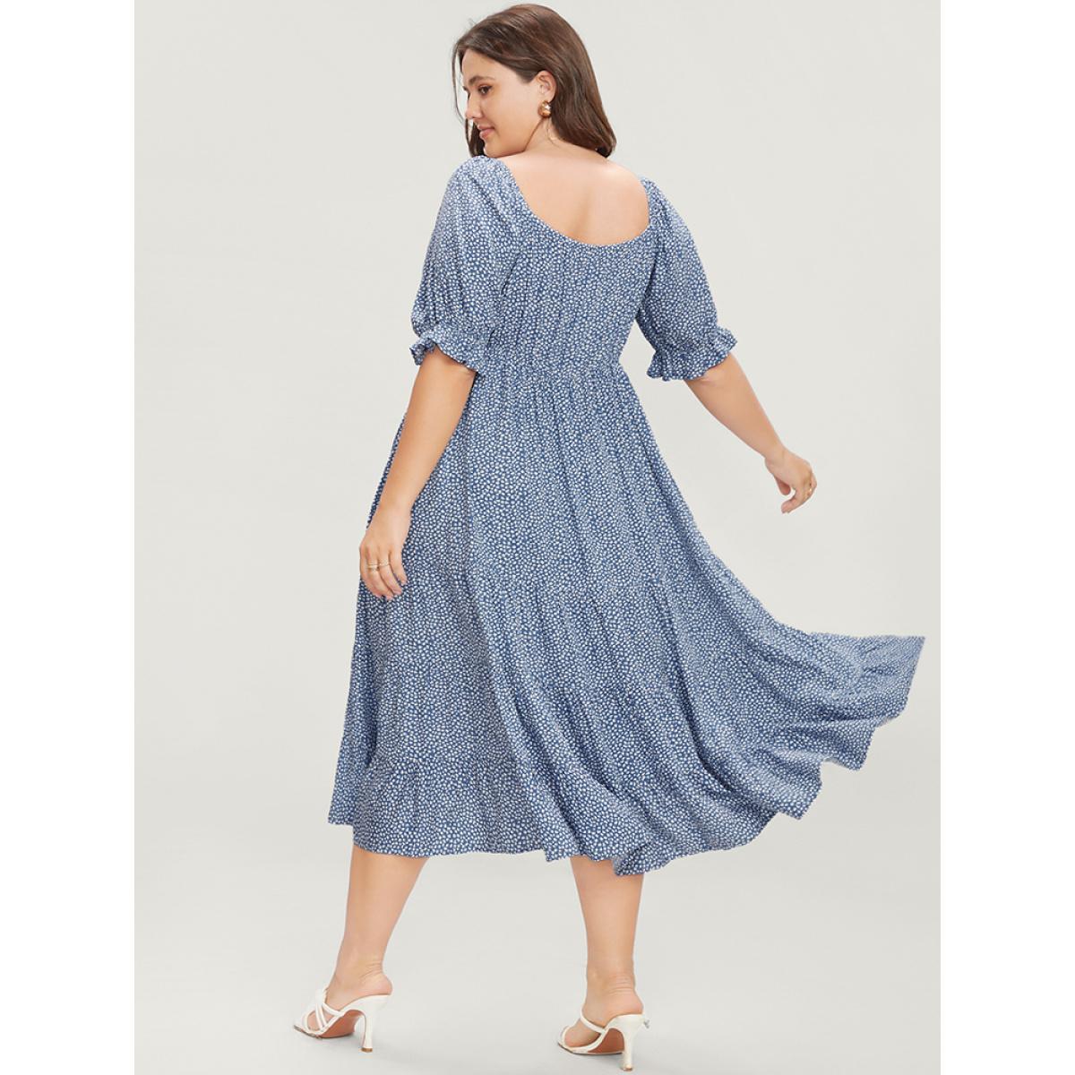 Plus Size Geometric Button Detail Lantern Sleeve Ruffle Tiered Dress LightBlue Women Elegant Patchwork V-neck Half Sleeve Curvy Midi Dress BloomChic 18-20/2X Product Image