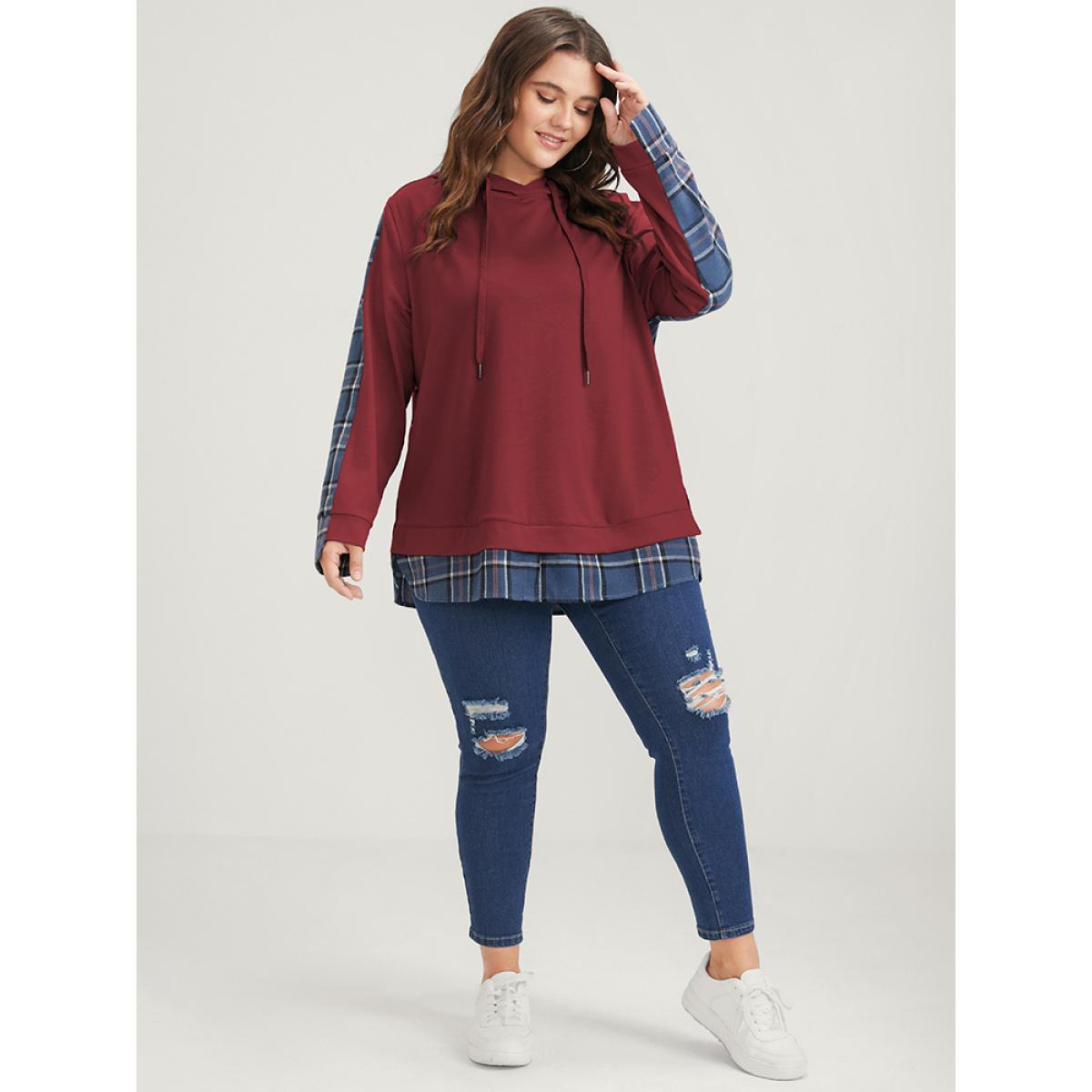 Plus Size Plaid Contrast Asymmetrical Drawstring Hooded Sweatshirt Women Scarlet Casual Contrast Loose Hooded Dailywear Sweatshirts BloomChic 18-20/2X Product Image