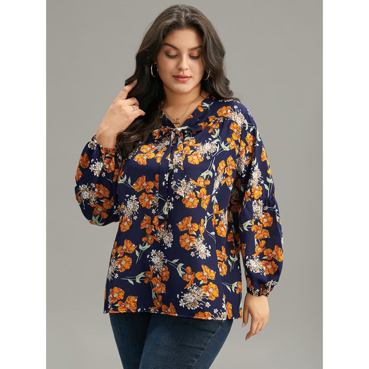 Plus Size Indigo Floral Print Bowknot Ties Lantern Sleeve Blouse Women Elegant Long Sleeve V-neck Dailywear Blouses BloomChic 18-20/2X Product Image