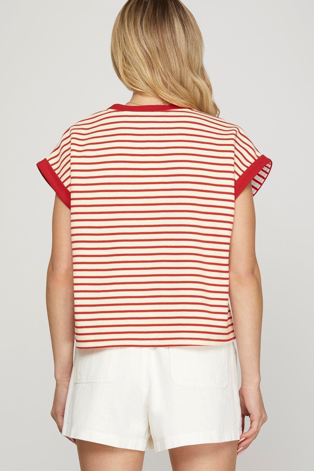 SHORT SLEEVE CONTRAST RIB STRIPED KNIT TOP Product Image
