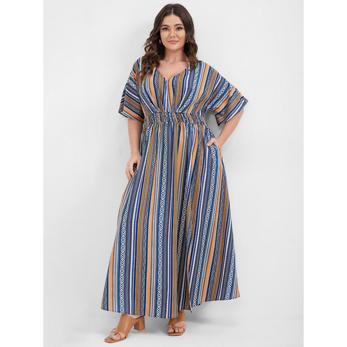 Multi Striped Bohemian Print Plus Size Women Maxi Dress Dailywear Elastic Waist Dolman Short Sleeve V Neck Pocket Vacation Dresses Product Image