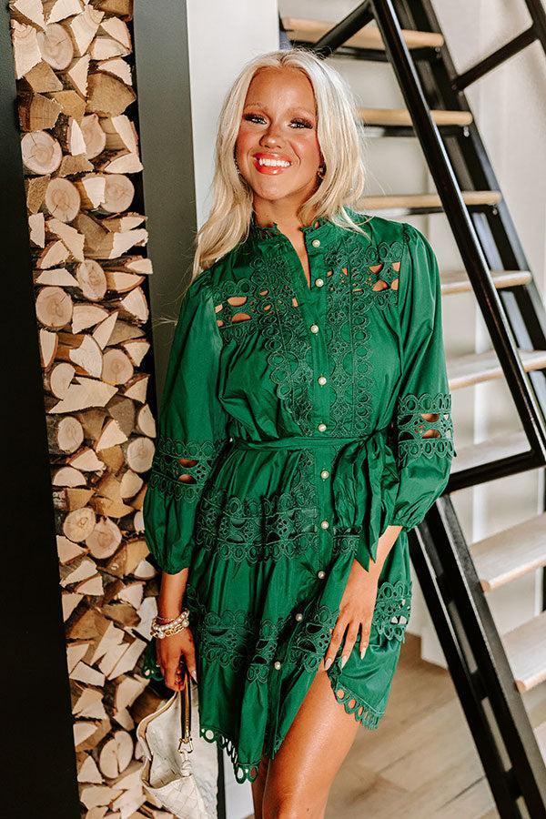 Candlelight Dinner Crochet Mini Dress in Hunter Green Product Image