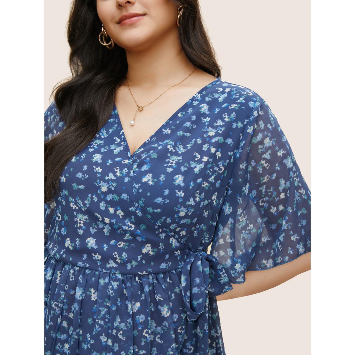 Plus Size Indigo Ditsy Floral Mesh Overlap Collar Ties Blouse Women Elegant Short sleeve Overlap Collar Everyday Blouses BloomChic 14-16/1X Product Image