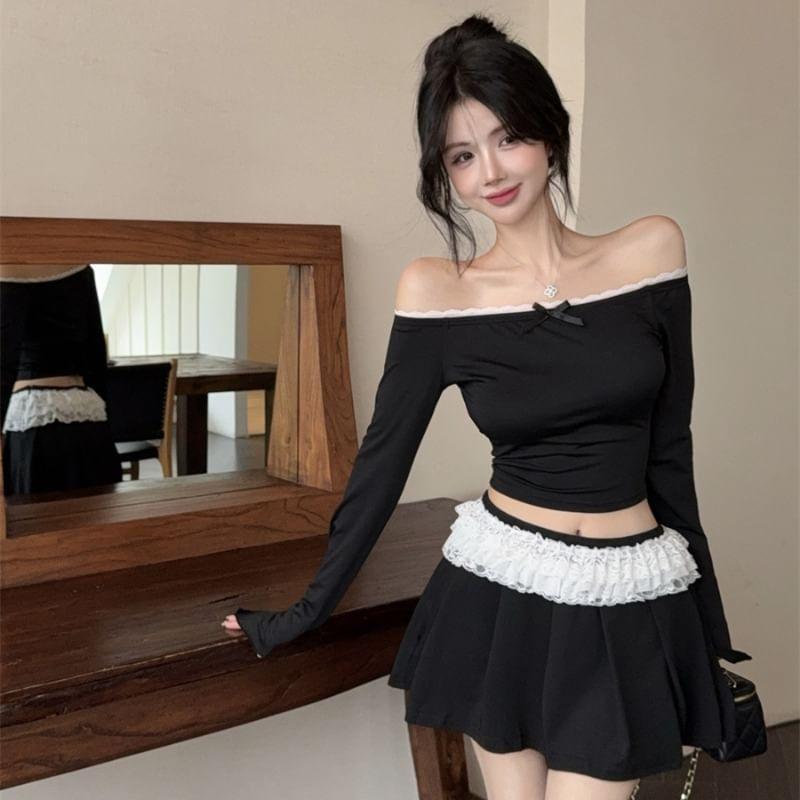 Off-Shoulder Long Sleeve Plain Ruffle Trim Crop Tee / High Rise Mini A-Line Skirt Product Image