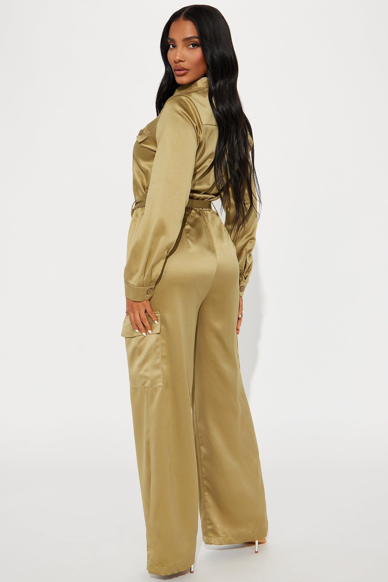 Get With It Satin Jumpsuit - Olive Product Image