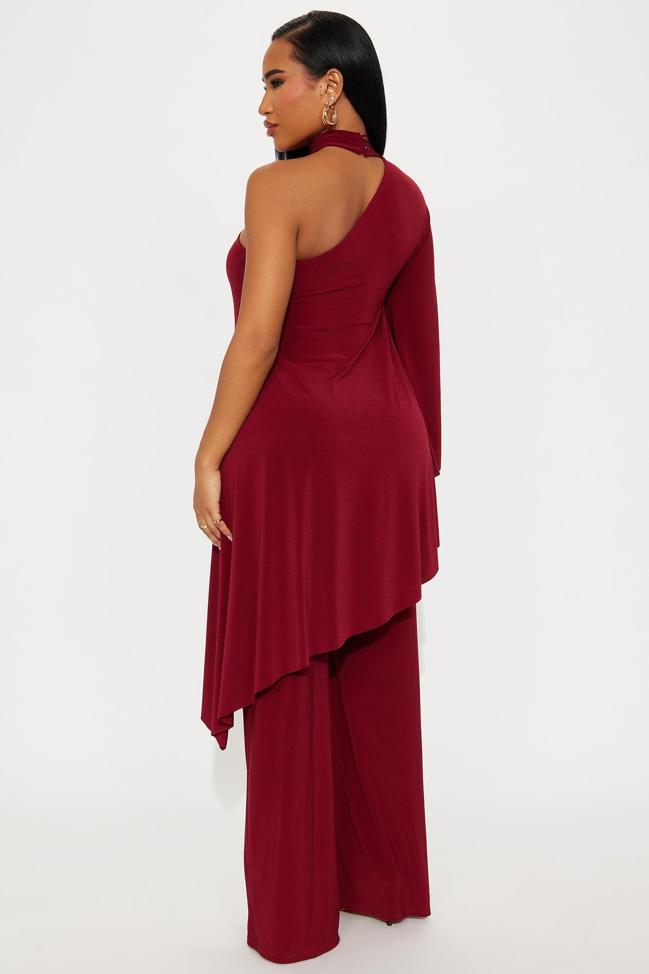 Draped Devotion One Shoulder Pant Set  - Burgundy Product Image