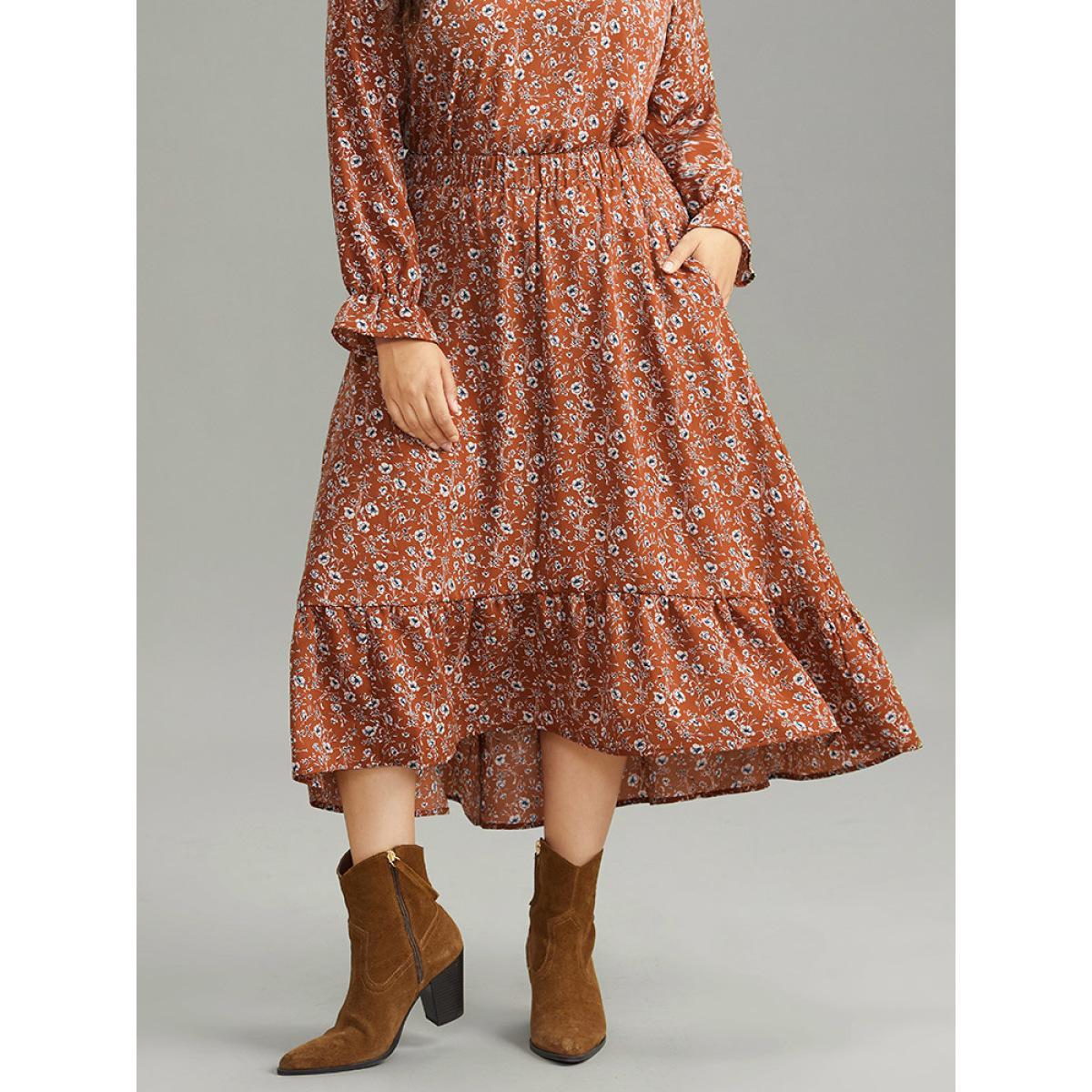 Plus Size Ditsy Floral Pocket Elastic Waist Skirt Women Rust Elegant Elastic Waist No stretch Pocket Everyday Skirts BloomChic 28/5X Product Image