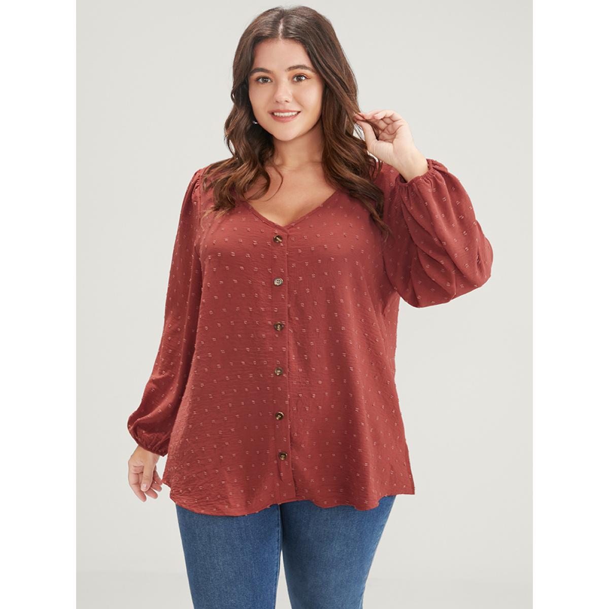 Plus Size Russet Solid Button Lantern Sleeve V Neck Blouse Women Elegant Long Sleeve V-neck Dailywear Blouses BloomChic 18-20/2X Product Image