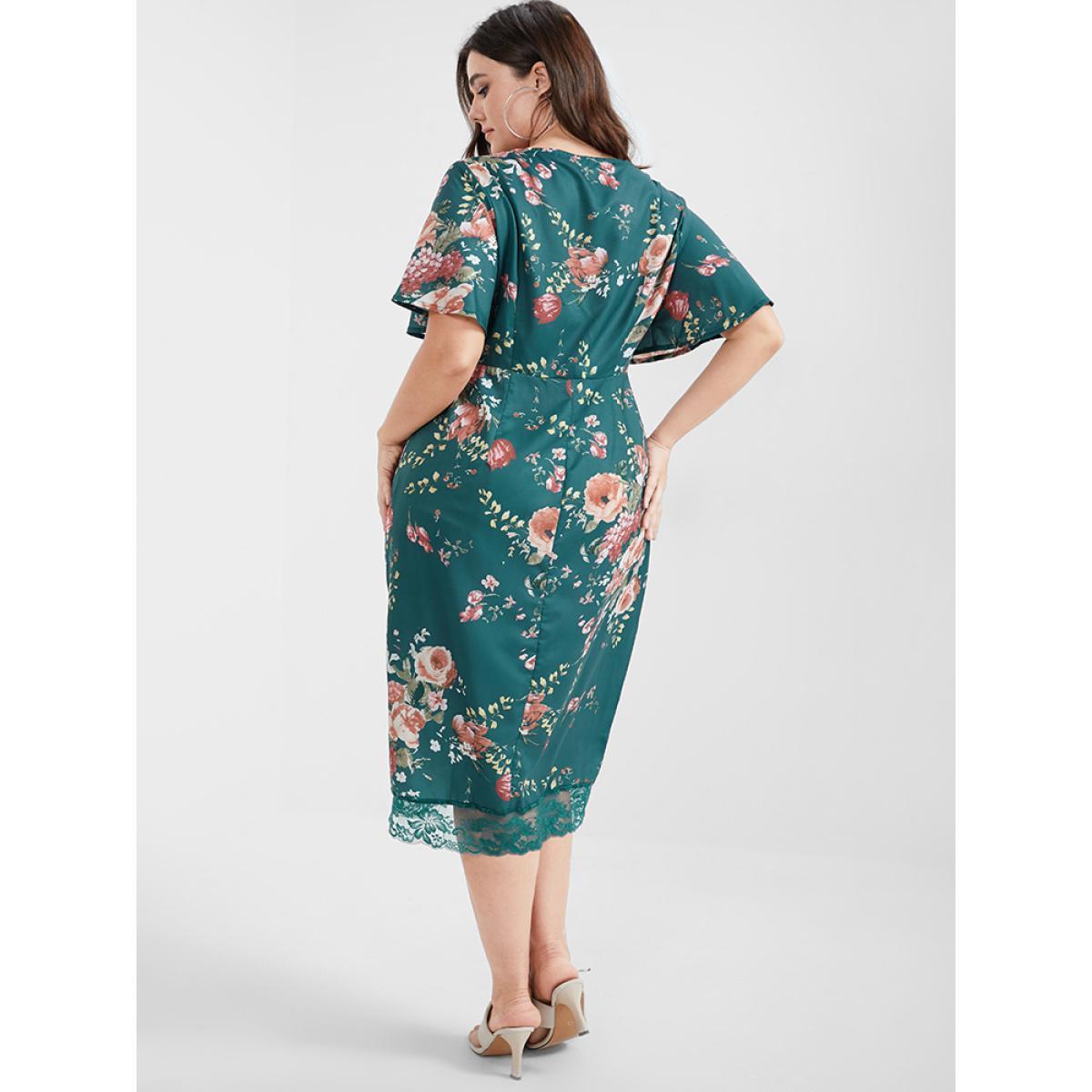 Plus Size Floral V Neck Lace Button Bodycon Dress Teal Women Elegant Printed V-neck Short sleeve Curvy Midi Dress BloomChic 12/L Product Image