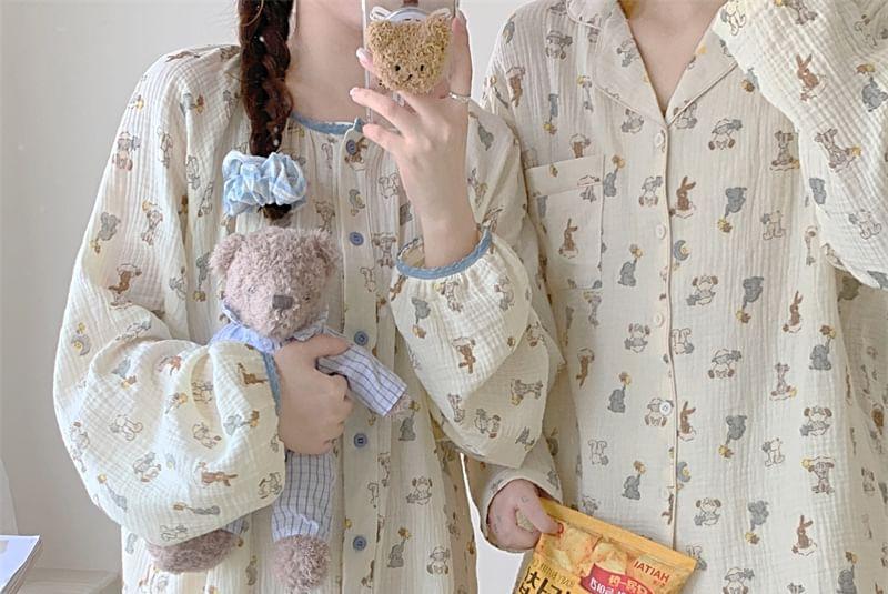 Couple Matching Long-Sleeve Cartoon Print Button-Up Midi Pajama Dress / Top / Pants / Set Product Image