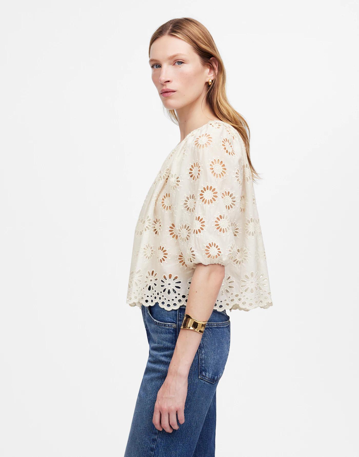 Embroidered Shirred Puff-Sleeve Top Product Image