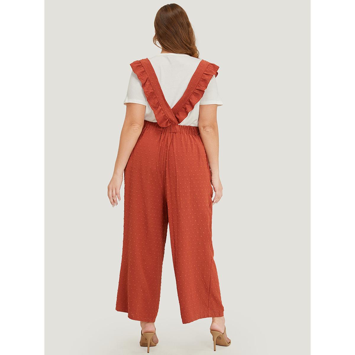 Plus Size Rust Polka Dot Square Neck Pocket Ruffle Trim Overall Jumpsuit Women Elegant Sleeveless Square Neck Dailywear Loose Jumpsuits BloomChic 22-24/3X Product Image
