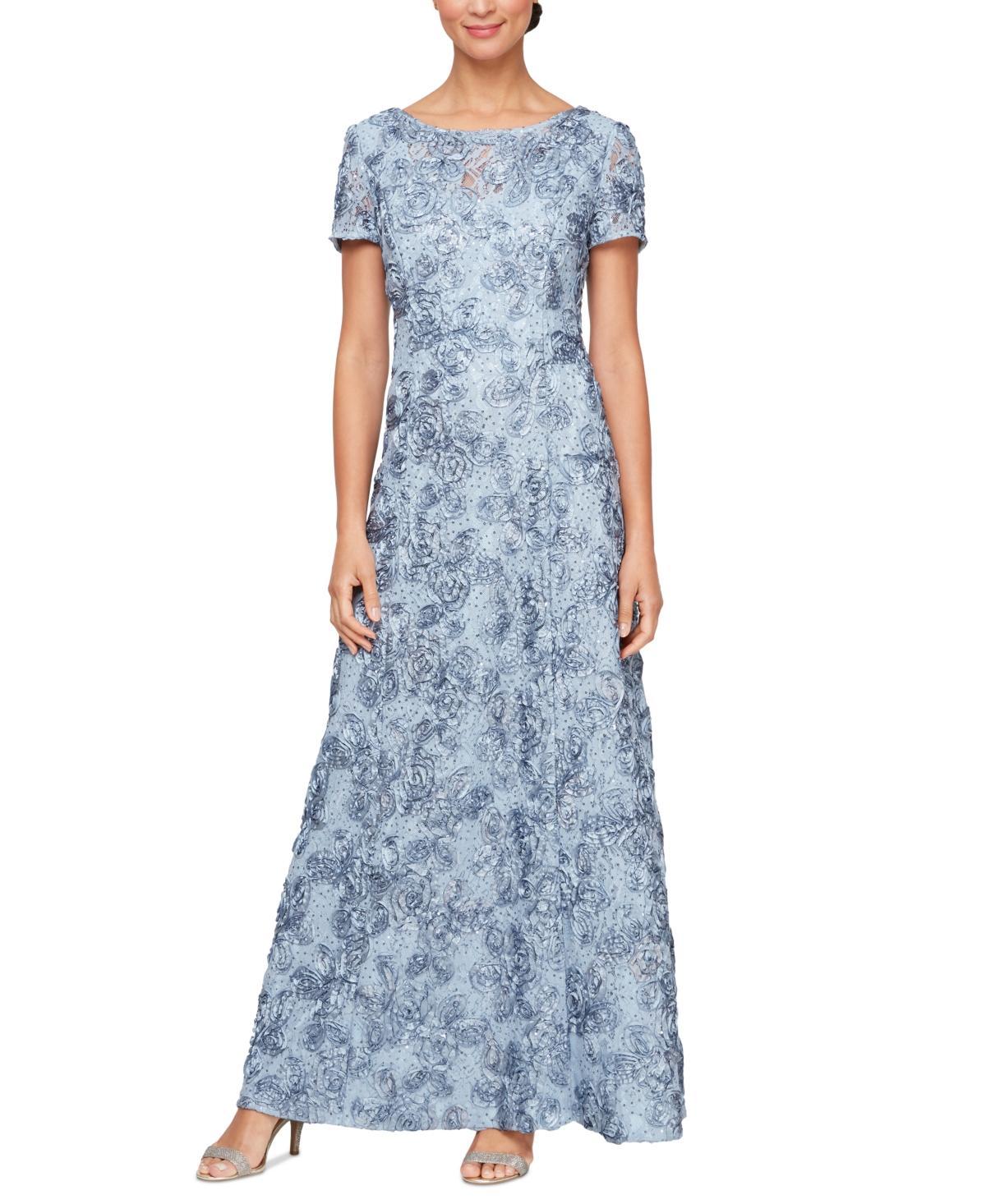 Alex Evenings Sequin Floral Lace Ribbon Rosette Round Neck Short Sleeve Gown Product Image