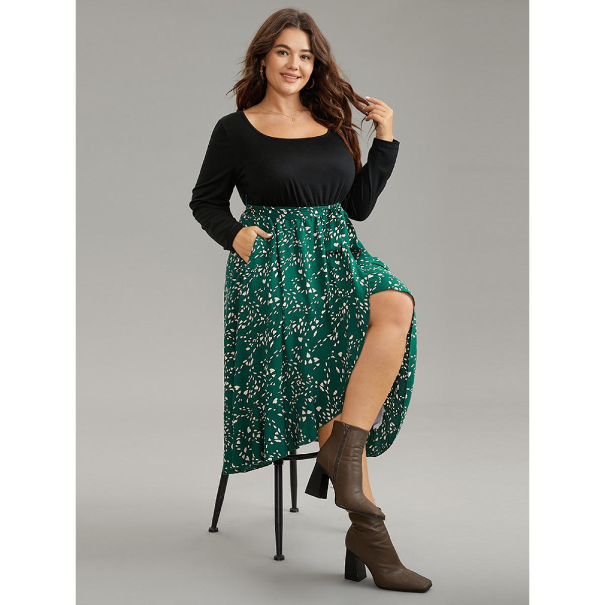 Plus Size Heart Patchwork Square Neck Belted Arc Hem Dress Emerald Women Elegant Belted Square Neck Long Sleeve Curvy Midi Dress BloomChic 12/L Product Image