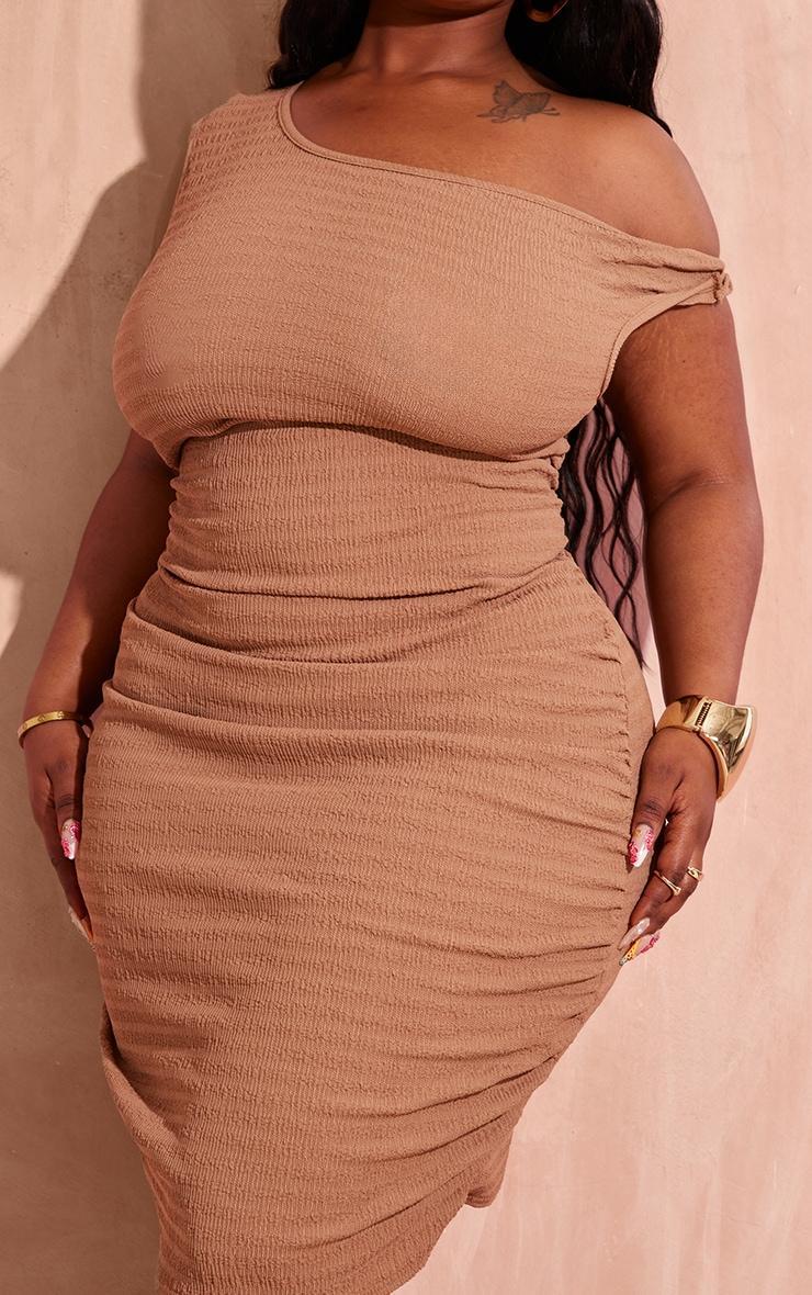 Plus Beige Open Knit One Shoulder Bodycon Dress Product Image