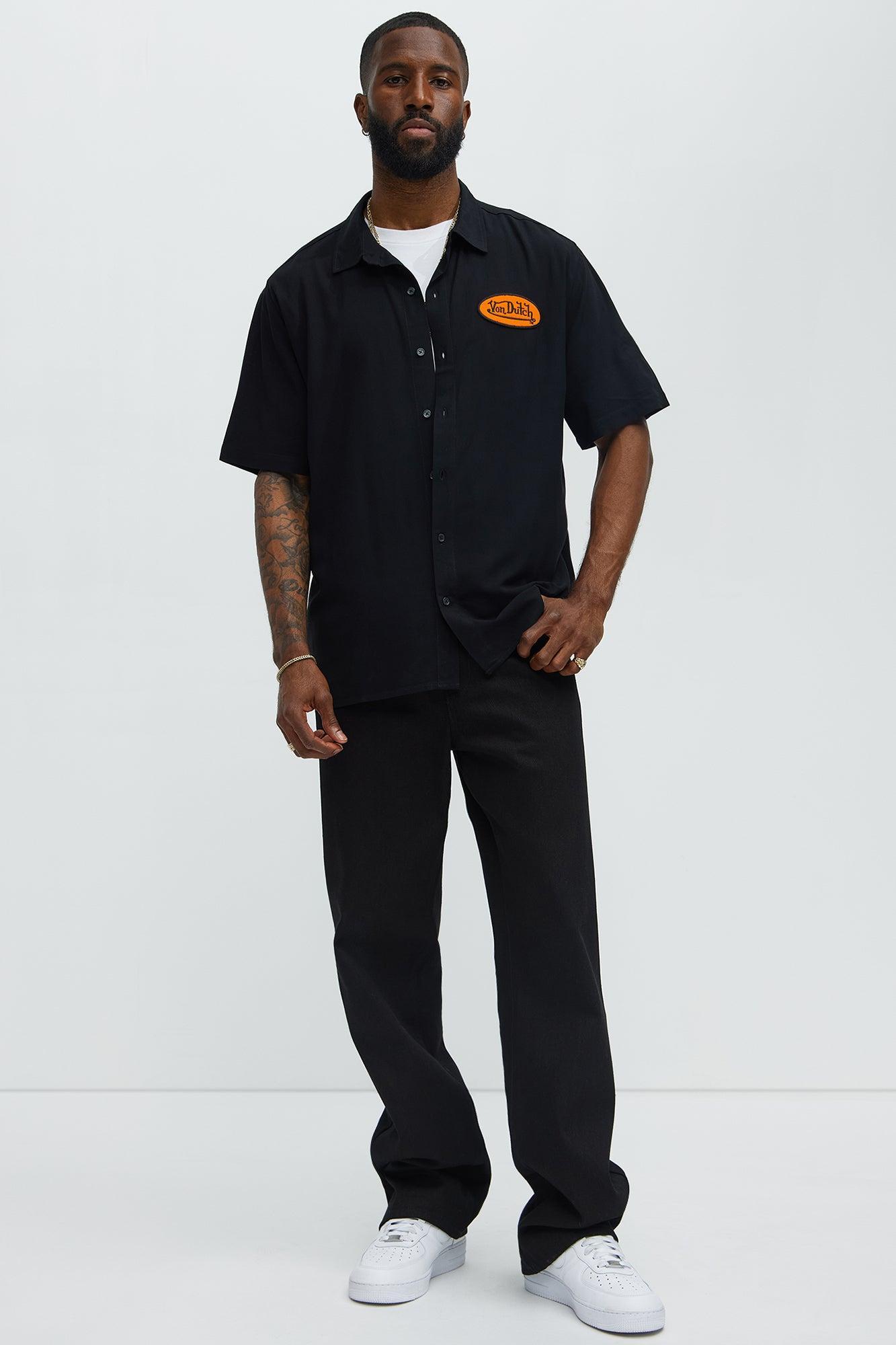 Von Dutch Front And Back Graphic Short Sleeve Button Up Shirt - Black Product Image