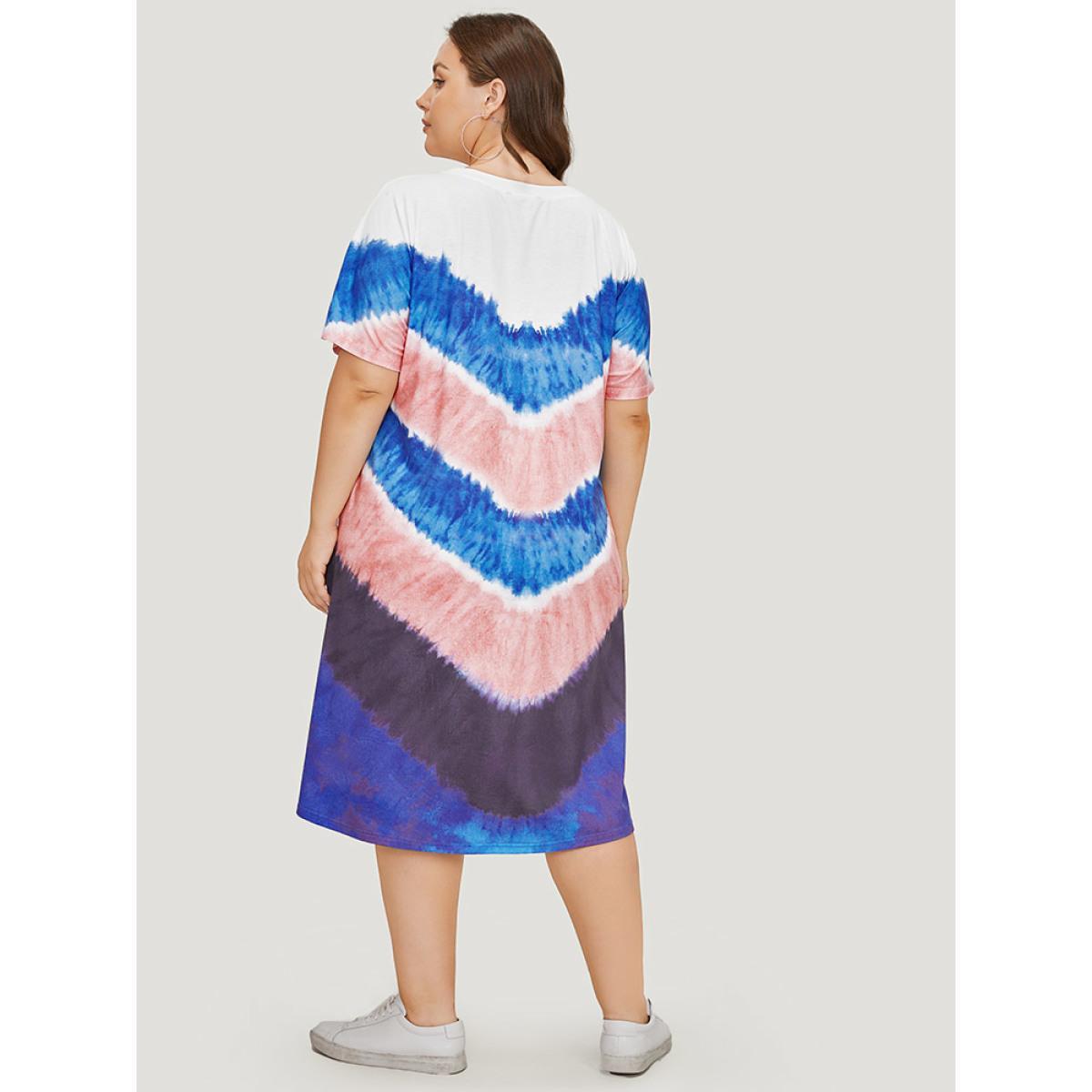 Plus Size Geometric Contrast Pocket Tie Dye Midi Dress Multicolor Women Casual Printed Round Neck Short sleeve Curvy Midi Dress BloomChic 18-20/2X Product Image