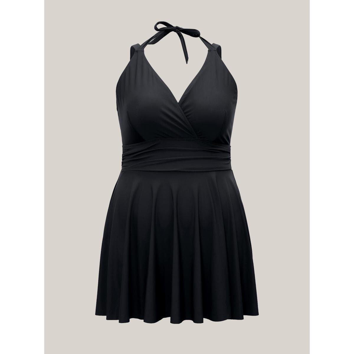 Plus Size Solid Ruffle Hem Empire Waist Halter Neck Swim Dress Women's Swimwear Black Beach Bodycon Halter neck High stretch Curve Swim Dresses BloomChic 18-20/2X Product Image